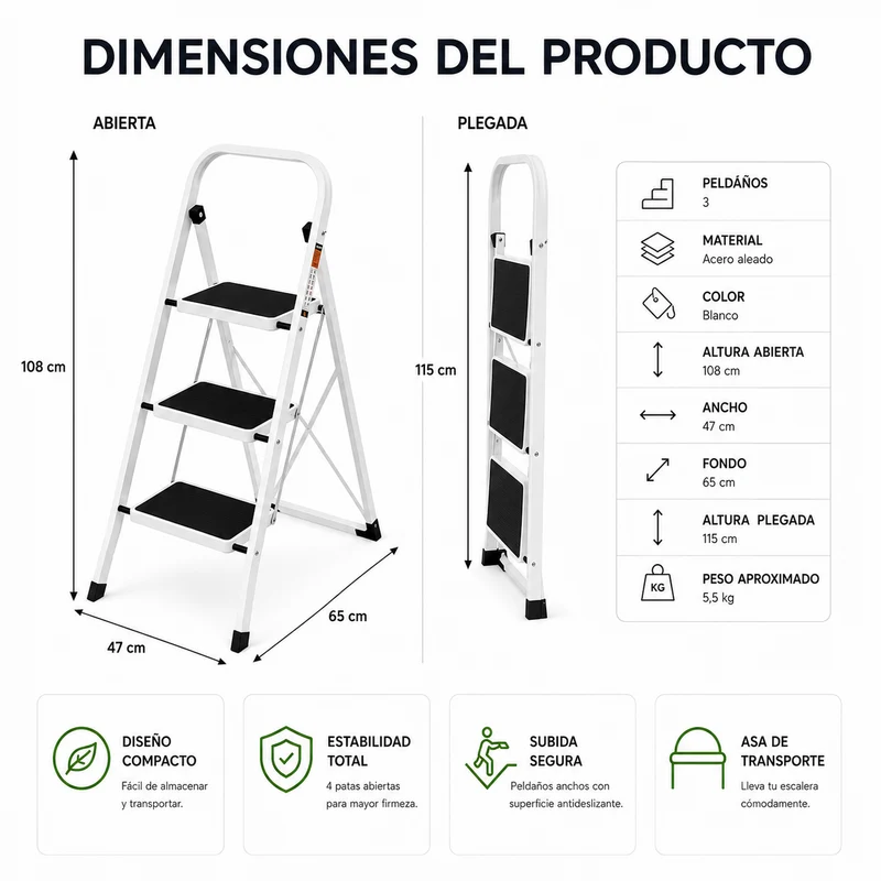 Escalera plegable con superficie antideslizante de 3 peldaños