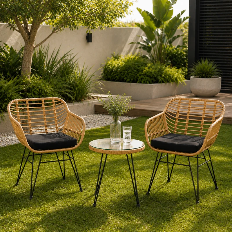 Conjunto Jardín Ratán Con 2 Sillones Y Mesa Redonda Para Terraza Y Balcón