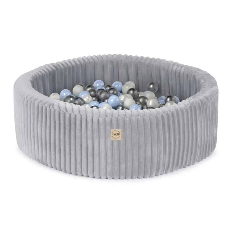 Piscine à balles - ronde 90x30 cm, Gris Puffy Lamell (+ 200 boules perle, bleue, argent ) – Plush Nest