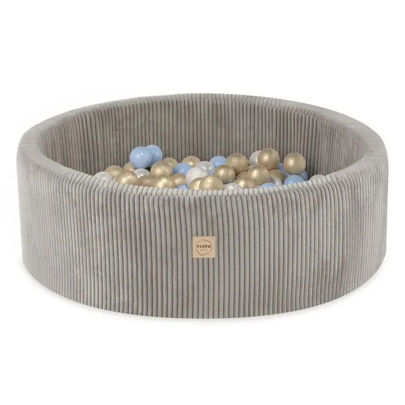Piscine à balles - ronde 90x30 cm, beige velours côtelé (+ 200 boules perles, dorées, bleues ) – Plush Nest