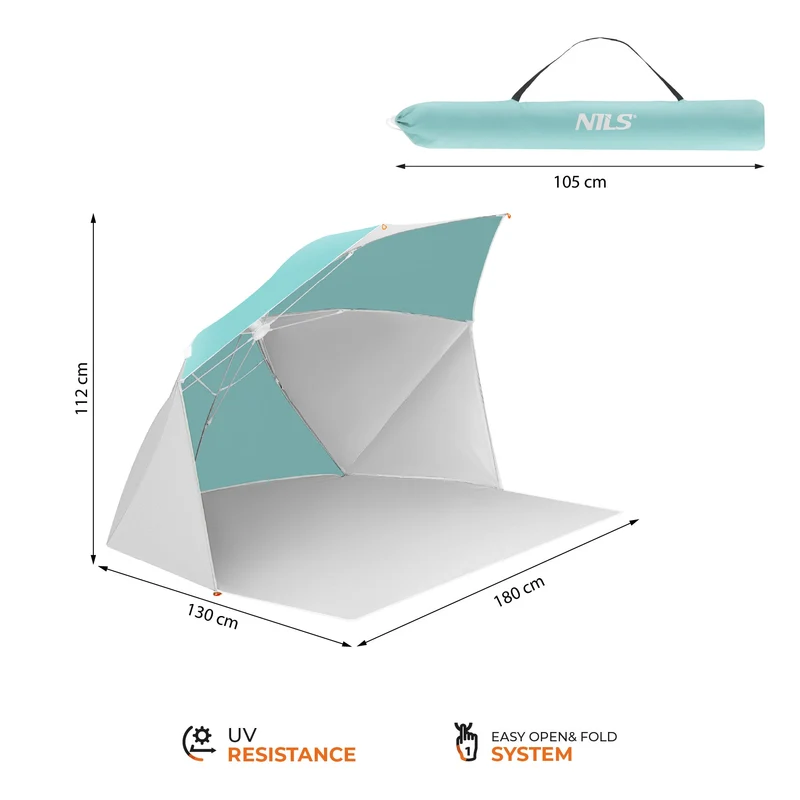 NILS Pop-up 2-in-1 Strandparasol en Windscherm - Mintblauw/Grijs