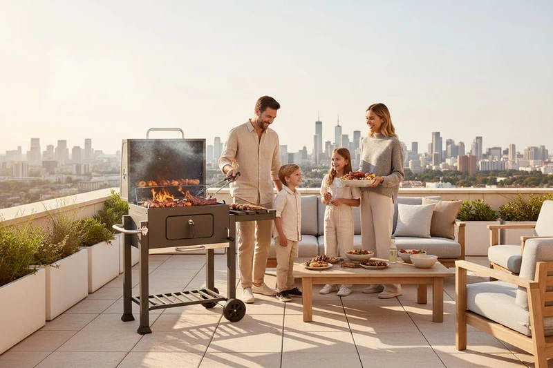 Barbacoa de carbón con ruedas para jardín y terraza con parrilla 57x42 cm