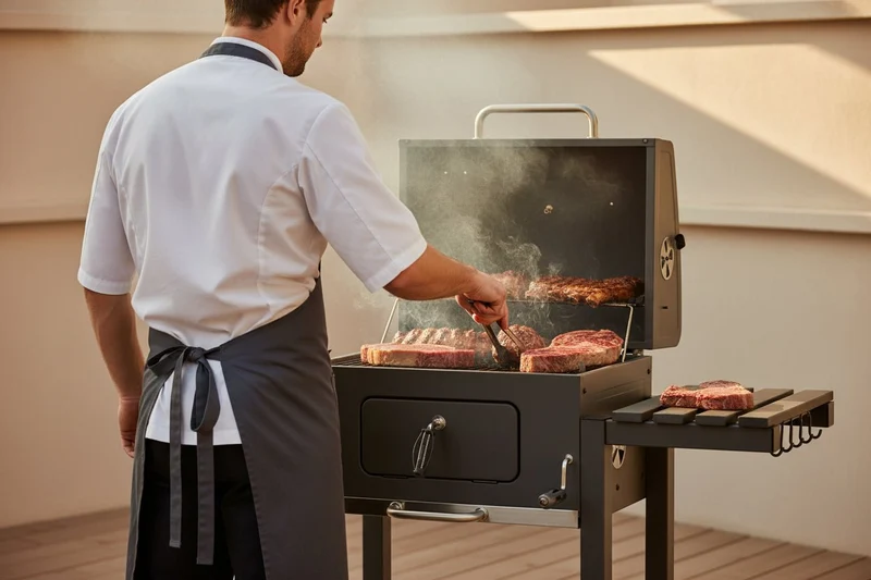 Barbacoa de carbón con ruedas para jardín y terraza con parrilla 57x42 cm