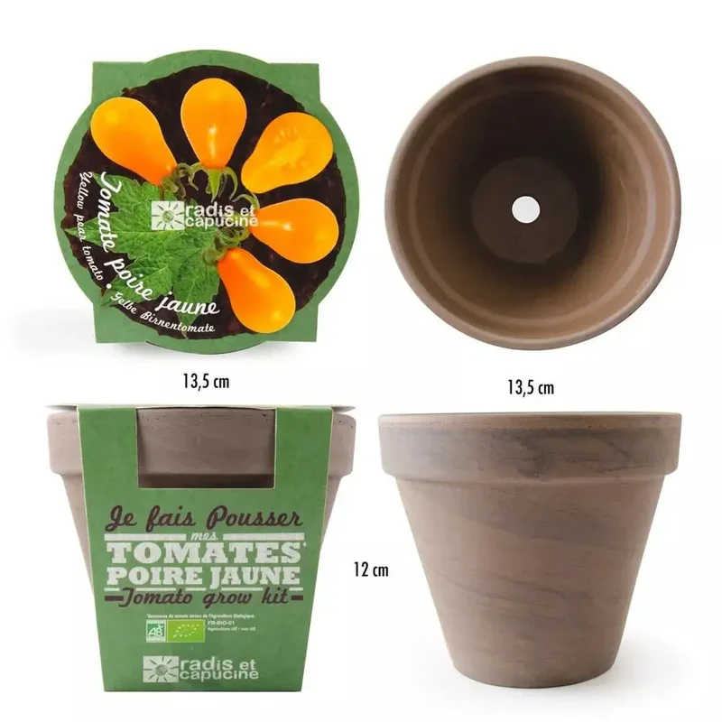 Pot Terre cuite Basalte 13cm - Tomate poire jaune Bio - Radis et Capucine