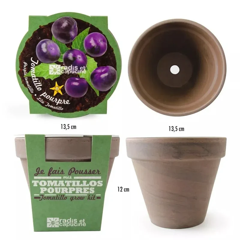 Pot Terre cuite Basalte 13cm Tomates Violettes - Radis et Capucine