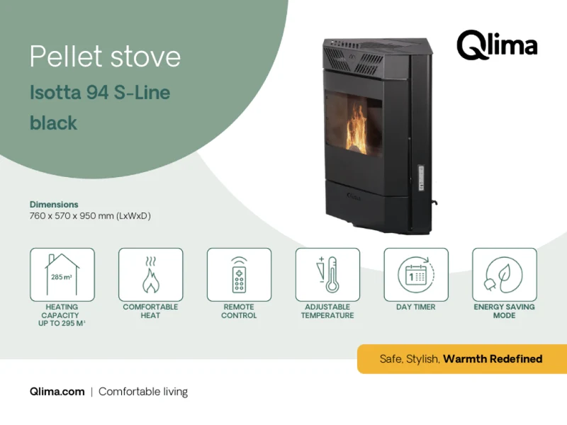 Qlima Pelletkachel Isotta 94 S-Line 9,84 kW – Hoekmodel, Zwart