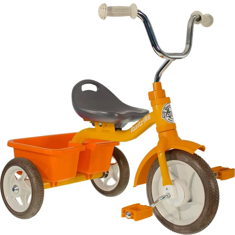Tricycle Transporter Road Work Orange Italtrike Pour Enfants 2 À 5 Ans Robuste Châssis Métal Guidon Chromé Roues Gomme