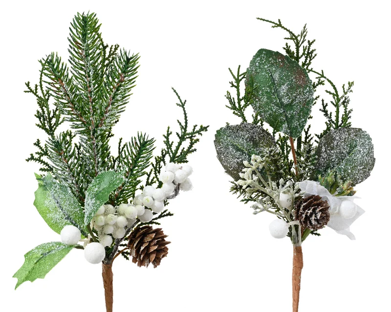 DECORAZIONE NATALIZIA, RAMO CON PIGNE, EFFETTO INNEVATO, H22 CM