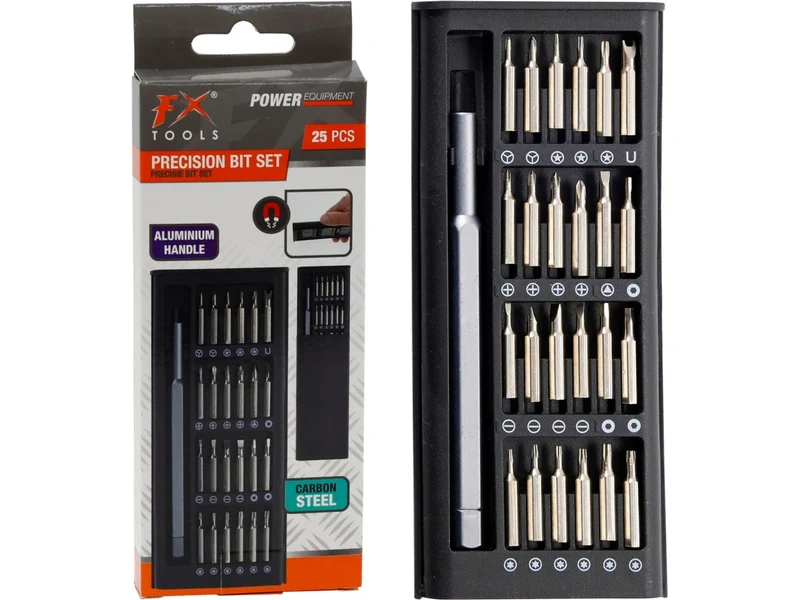 Set cacciavite di precisione 24 in 1 con manico in alluminio e 24 punte in acciaio nero FX Tools