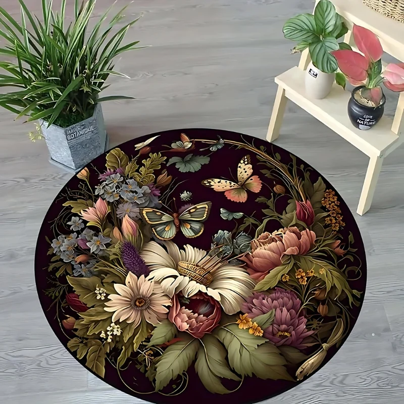 FloraRound - Rundt Tæppe med Skridsikker Bund og Blomsterprint