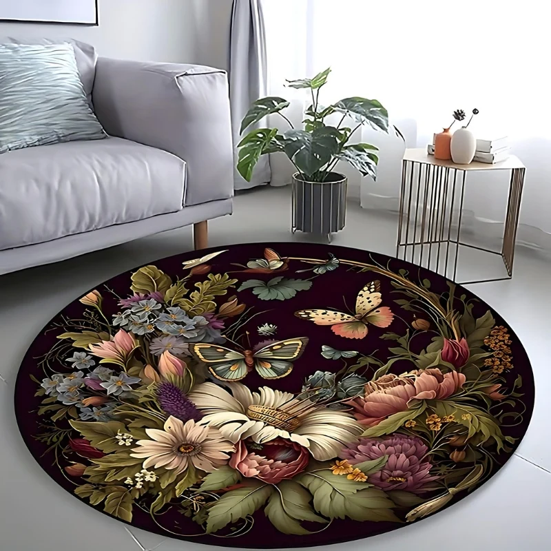 FloraRound - Rundt Tæppe med Skridsikker Bund og Blomsterprint