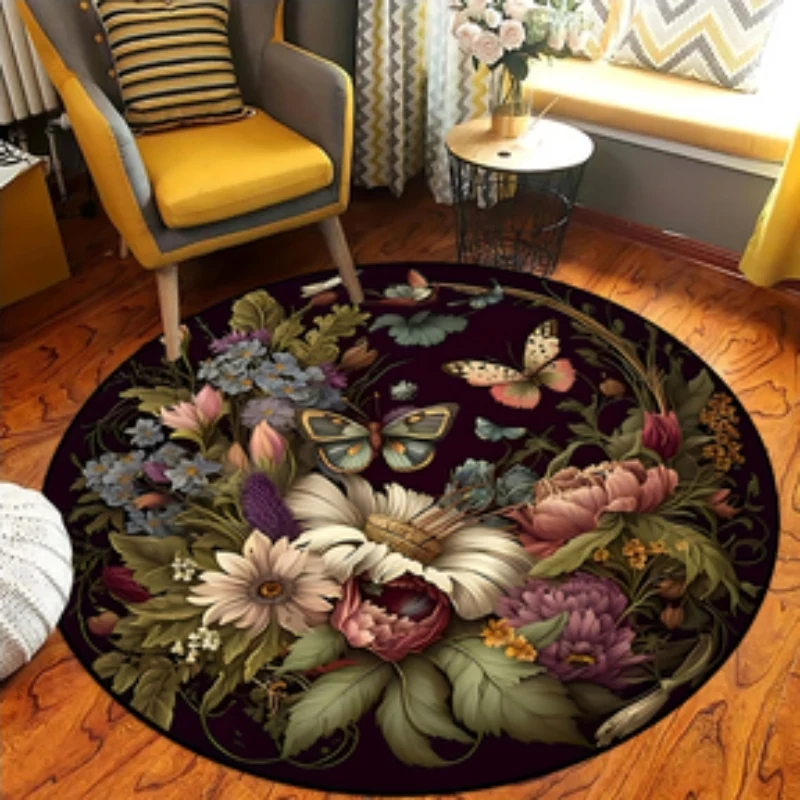 FloraRound - Rundt Tæppe med Skridsikker Bund og Blomsterprint