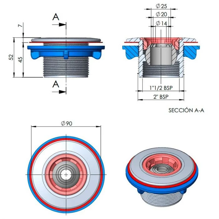 Astralpool - Boquilla de impulsión Multiflow rosca ext. 2" int. 1½" para piscina prefabricada
