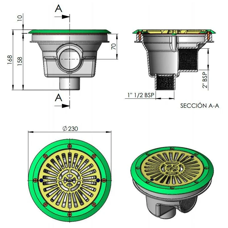 Sumidero circular Ø200 mm rejilla plana piscina liner AstralPool