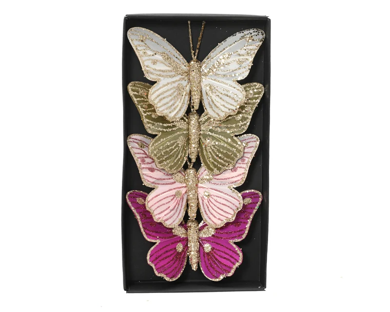 Set 4 farfalle in piume con clip 10 x 7,5 cm colori modello assortito Peraga Christmas
