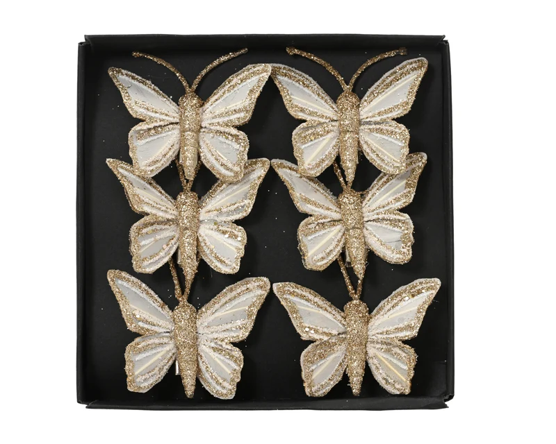 Set 6 farfalle in piume con clip 5 x 3,5 cm oro chiaro Peraga Christmas