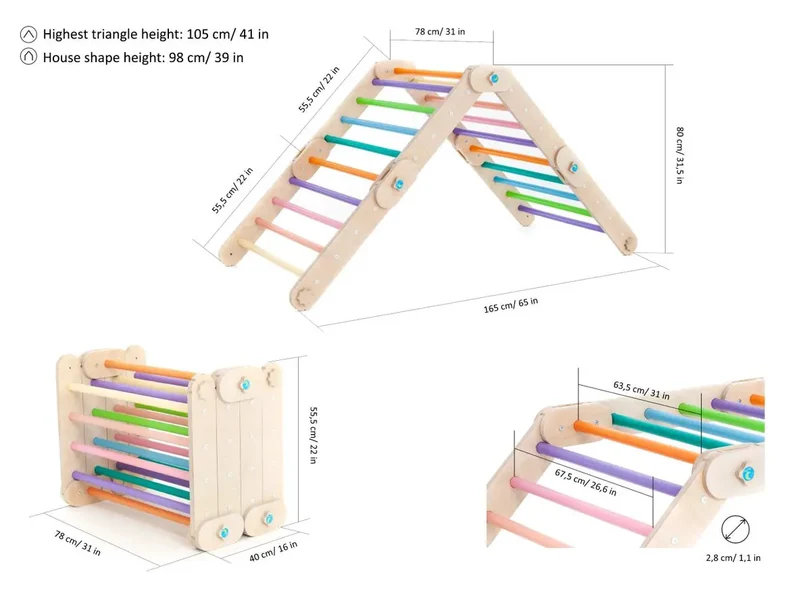 Triangle Pikler coloré avec rampe, transformable, HappyMoon - Jeu de motricité enfant - Happymoon