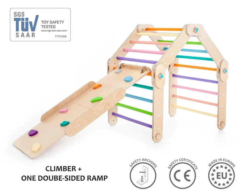 Triangle Pikler coloré avec rampe, transformable, HappyMoon - Jeu de motricité enfant - Happymoon