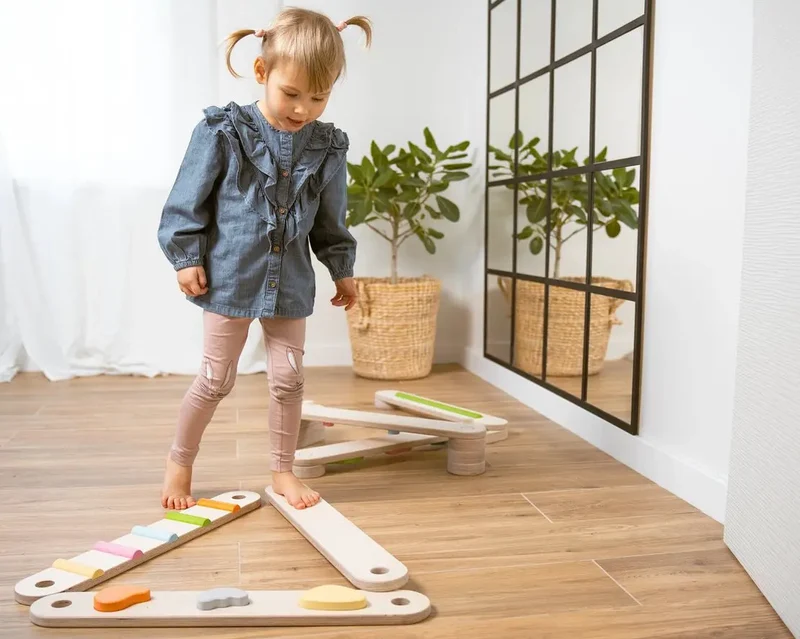 Ensemble de Poutres d'Équilibre en Bois - 8 Poutres, Poutre d'Équilibre à Double Face - Jeu de Motricité Enfant - Happymoon
