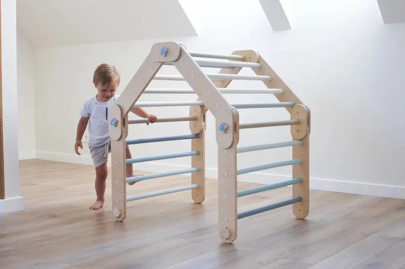 Grimpeur Transformable Bleu, Triangle Pikler Modifiable - Jeu de Motricité Enfant - Happymoon