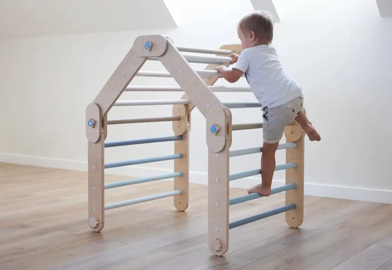 Grimpeur Transformable Bleu, Triangle Pikler Modifiable - Jeu de Motricité Enfant - Happymoon