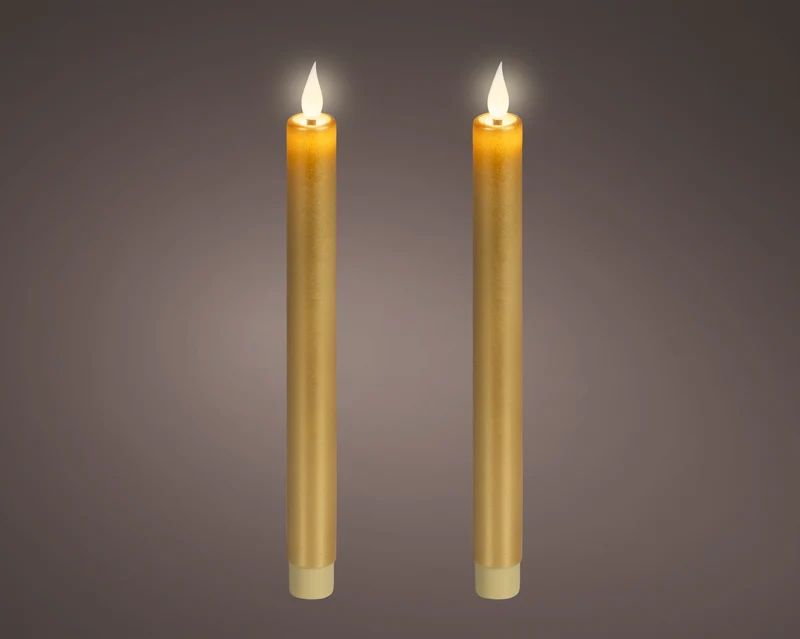 Set 2 candele LED a stelo in cera effetto fiamma D 2,2 cm altezza 24 cm oro Peraga Christmas