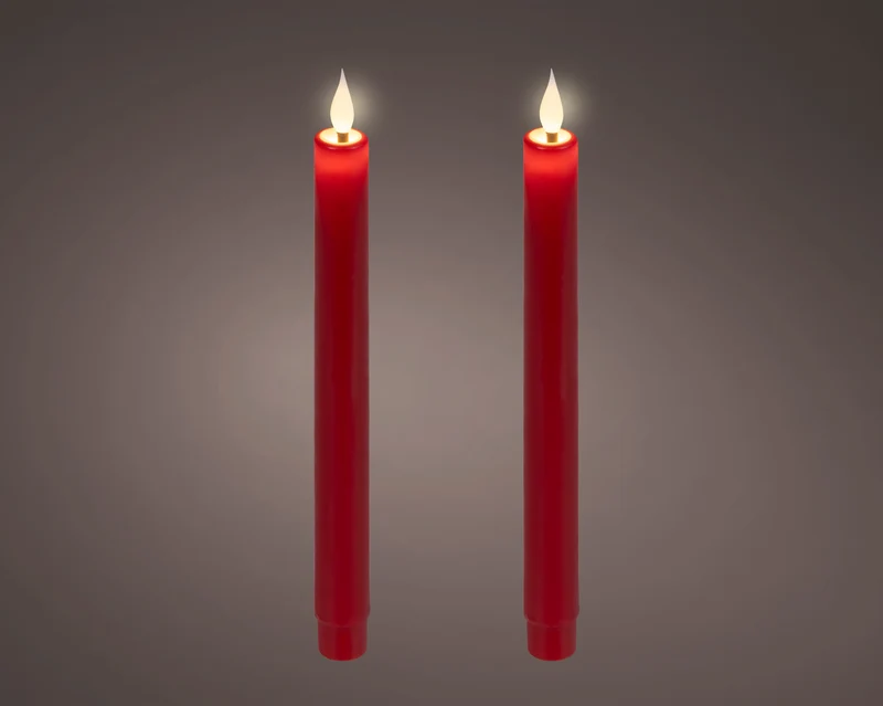 Set 2 candele LED a stelo in cera effetto fiamma D 2,2 cm altezza 24 cm rosso Peraga Christmas