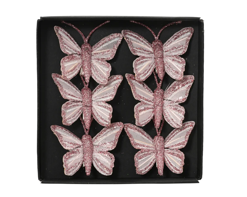 Set 6 farfalle in piume con clip 5 x 3,5 cm rosa Peraga Christmas