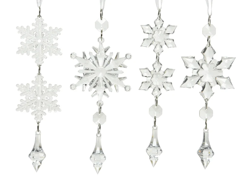 Pendente fiocco di neve in acrilico con perline 4 x 16 cm trasparente/argento Peraga Christmas