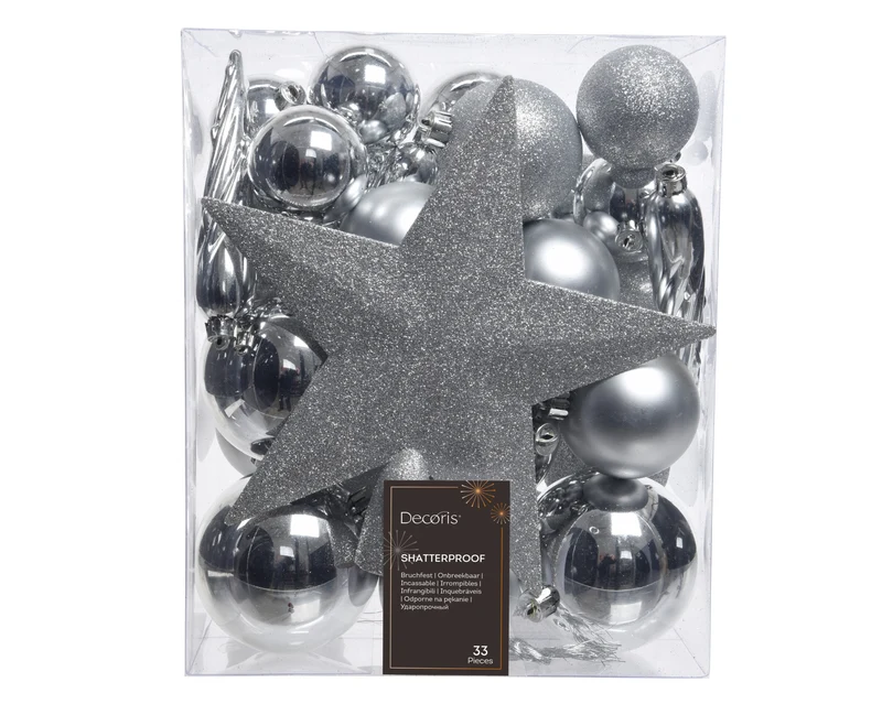 Set 33 palline di natale infrangibili mix finiture D 8 cm argento Peraga Christmas