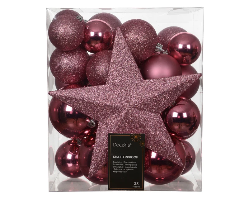 Set 33 palline di natale infrangibili mix finiture D 8 cm rosa tenue Peraga Christmas