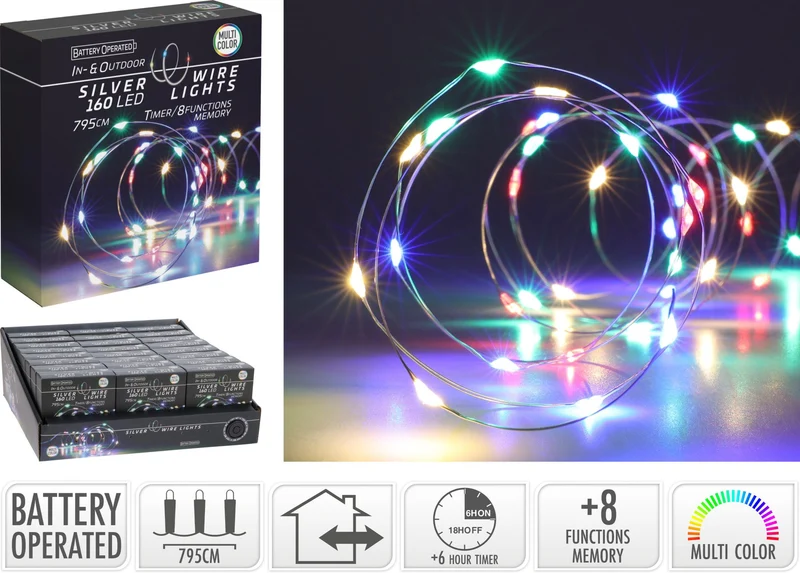 Catena luminosa 7,95 m con 160 LED multicolore e cavo argento PERAGA CHRISTMAS