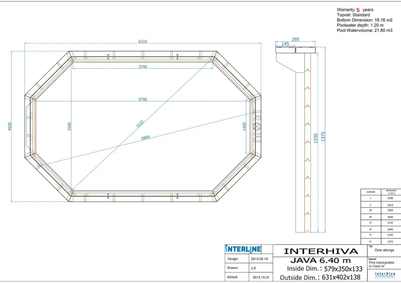 Interline Bali houten zwembad ovaal 640 x 400 x 138 cm compleet pakket