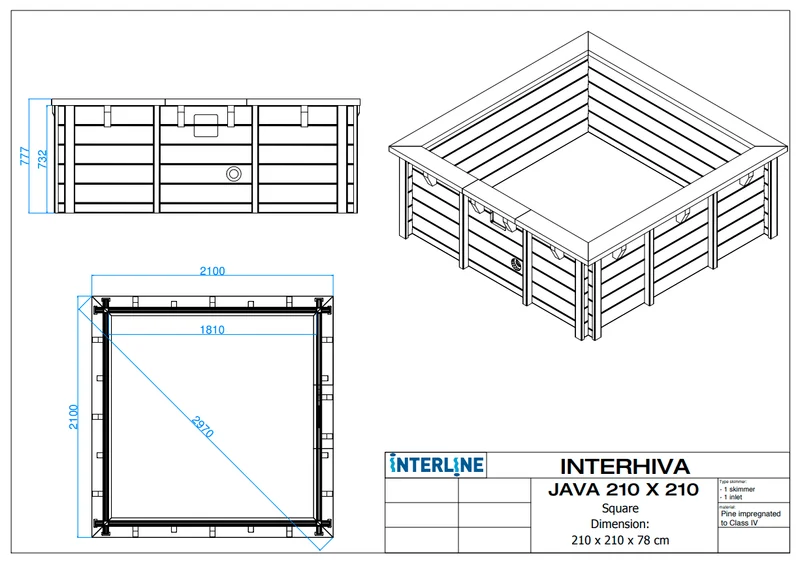Interline Java houten zwembad 210 x 210 cm compleet pakket