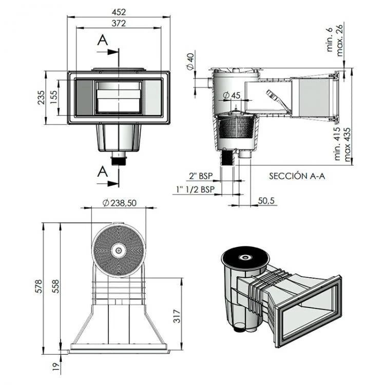 AstralPool - Skimmer 15L con boca de ampliación y tapa circular para piscina con liner y prefabricada
