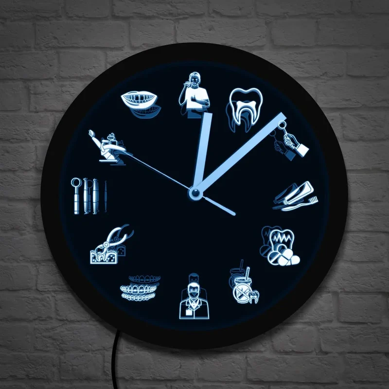 PrecisionTime – Elegant LED-vægur med design af tandlægeudstyr og flerfarvet lys
