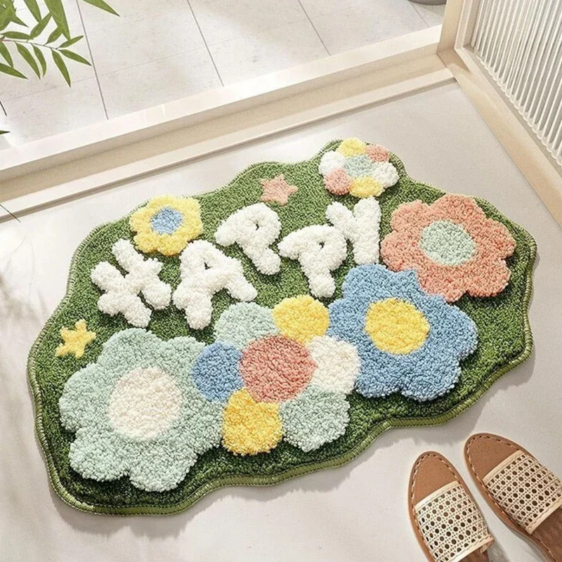 FloraWave – Plys bademåtte med elegant 3D-tuftet blomsterdesign til stilfulde badeværelser