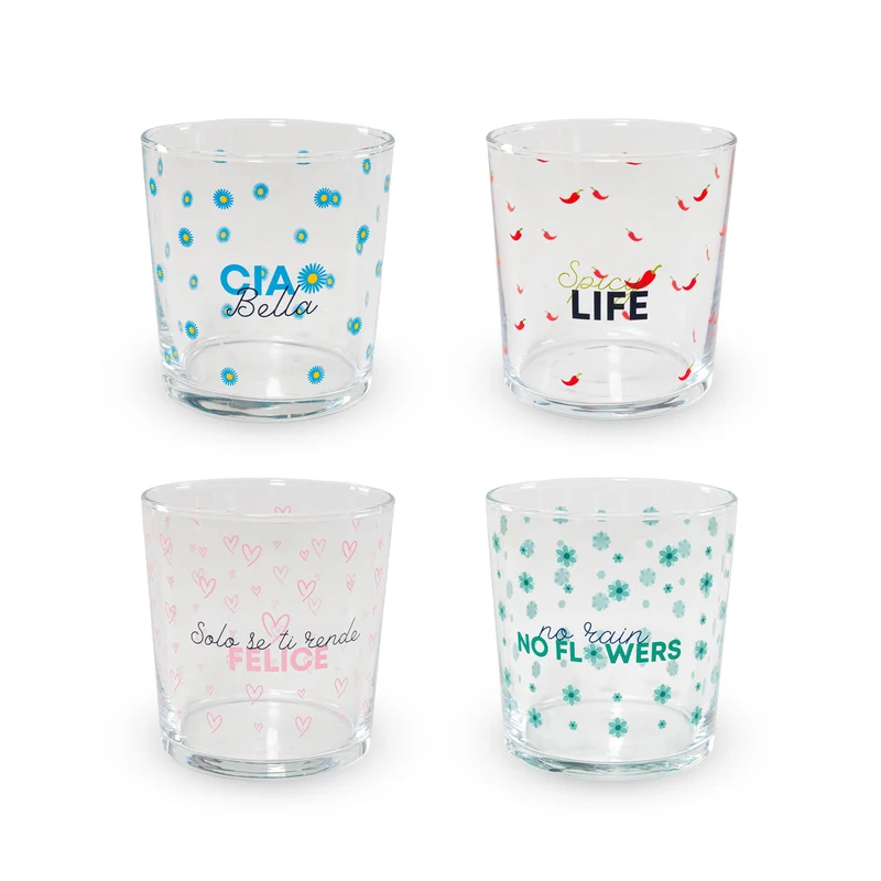 Set 4 Bicchieri in Vetro 300 ml Decoro Scritte Colorate WD LIFESTYLE