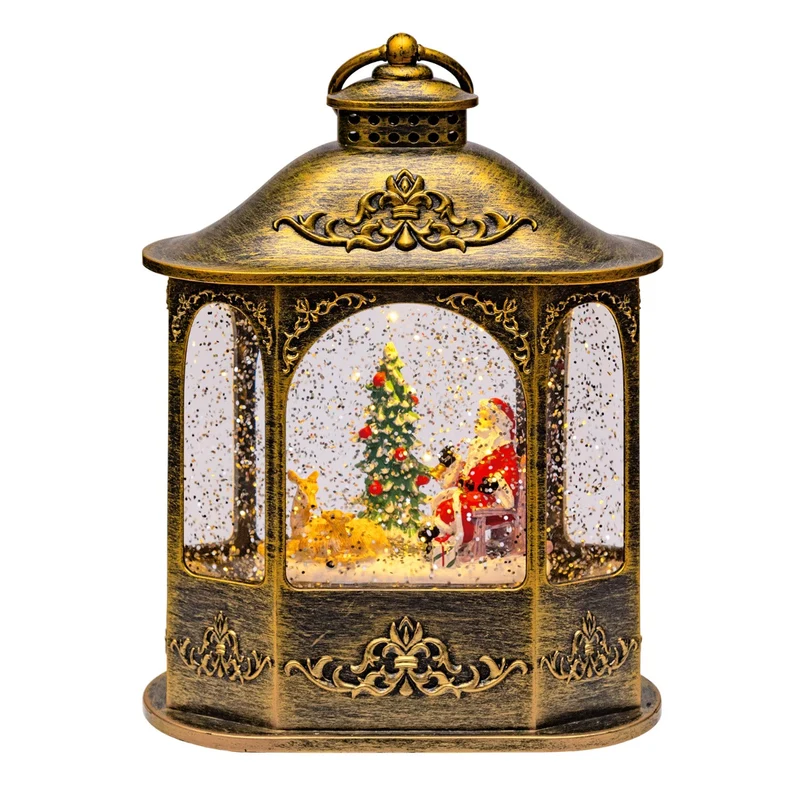 LANTERNA BRUNITA LUMINOSA CON ANELLO E BABBO NATALE CON RENNE H28CM