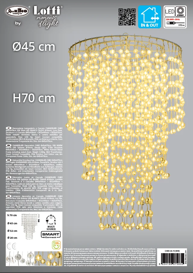 LAMPADARIO CASCATA D.45XH70CM 936 SFERE LED BIANCO CALDO