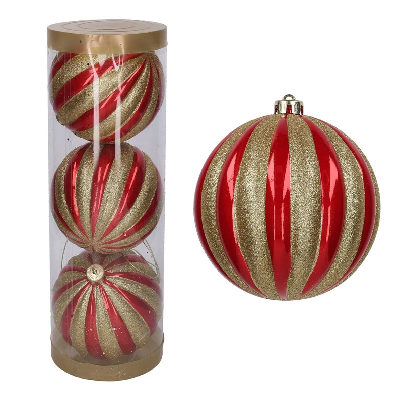 3 Palline con Strisce glitter D.15 cm Rosso/Oro
