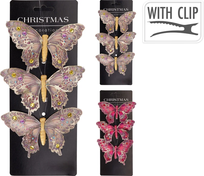 3 Farfalle con Clip 12cm modello assortito Rosa