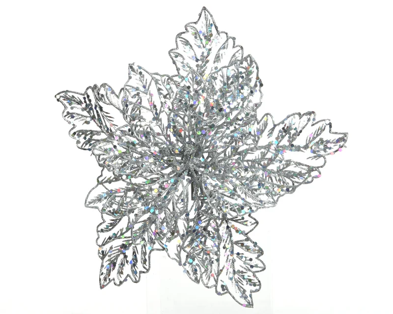POINSETTIA APPENDIBILE CON CLIP E GLITTER 23,5CM ARGENTO