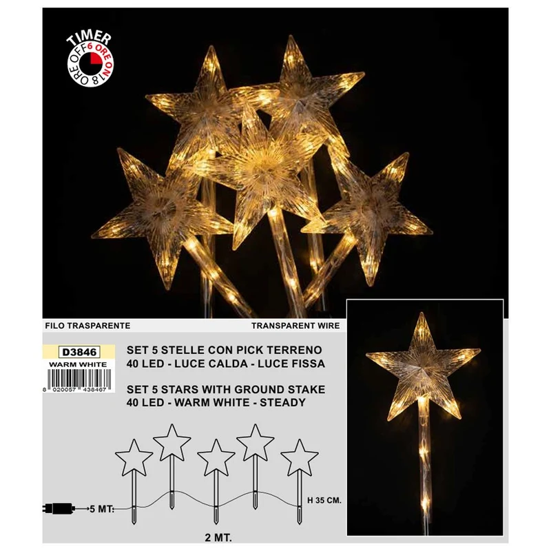 Set 5 Pick Stelle con LED H. 35/40 cm