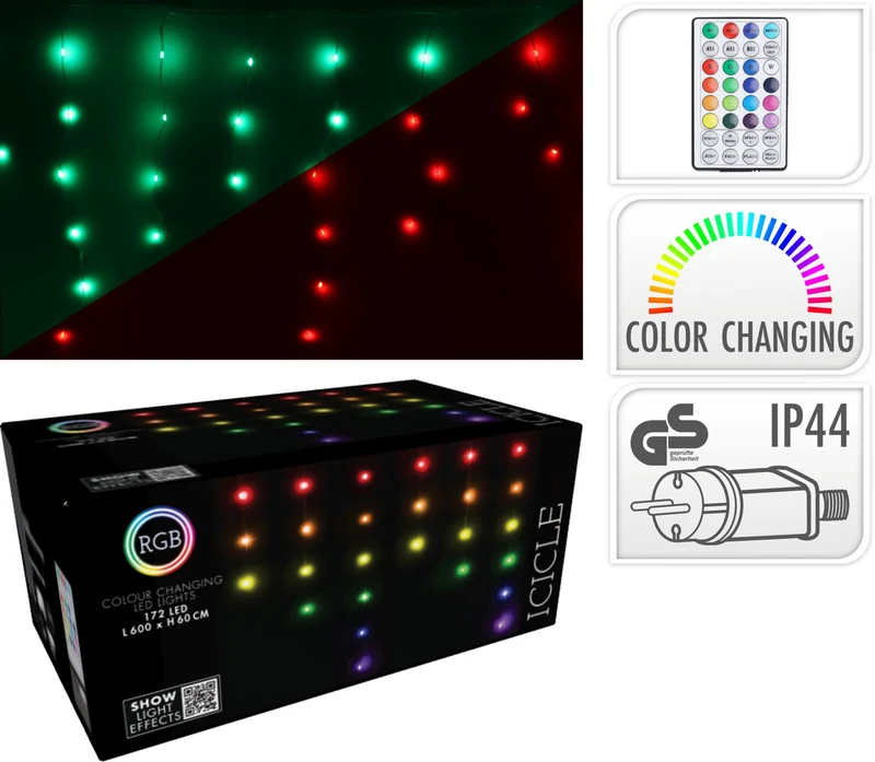 Tenda luminosa a LED RGB, 172 LED, 60x600 cm, multicolore