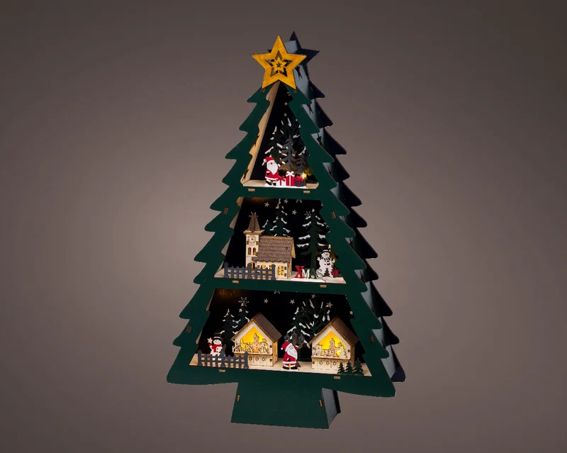 Scenario Natalizio in legno a LED, altezza 55 cm, colore verde e luce bianco caldo.