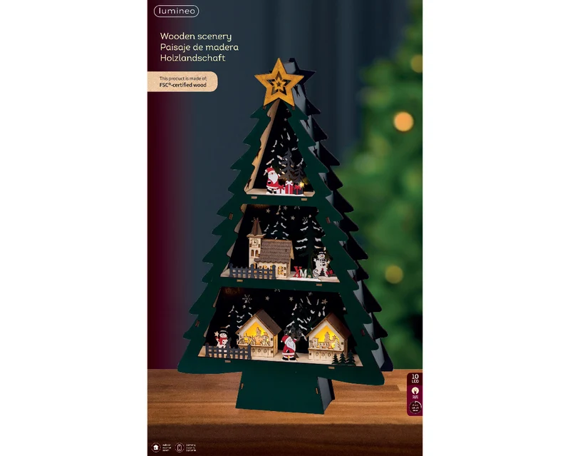 Scenario Natalizio in legno a LED, altezza 55 cm, colore verde e luce bianco caldo.