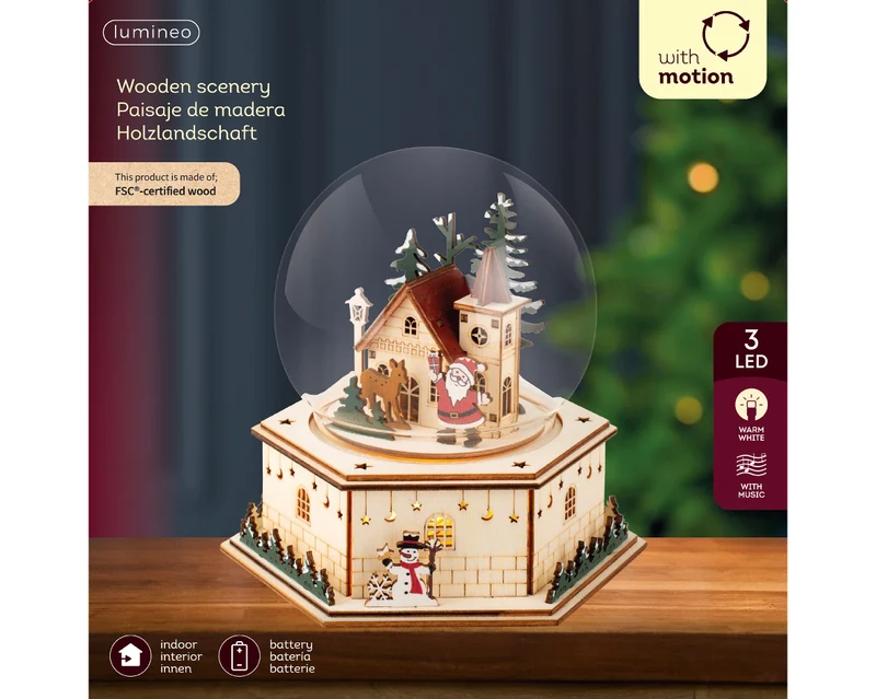 Scenario Natalizio in legno a LED, altezza 17,5 cm, colore marrone e luce bianco caldo.