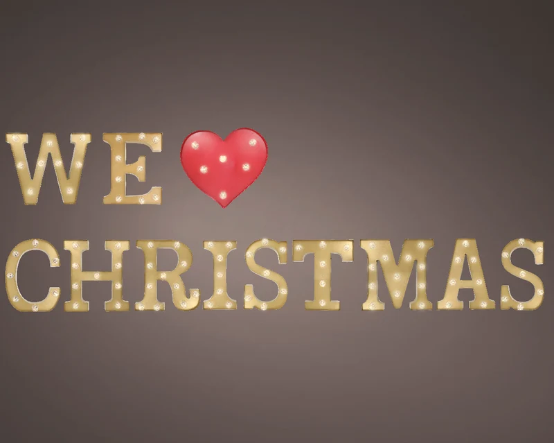 Scritta insegna luminosa a LED "We Love christmas", altezza 50 cm, colore oro e luce calda di Natale