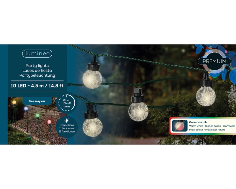 Catena luminosa 10 LED da 4,5 metri con lampadine da 4 cm, 11 giochi di luce multicolore.